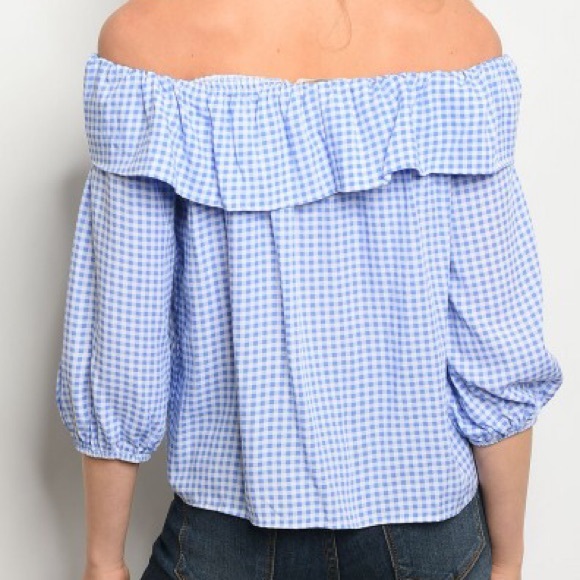 Blue Checker Bow Off Shoulder Top - Picture 6 of 8
